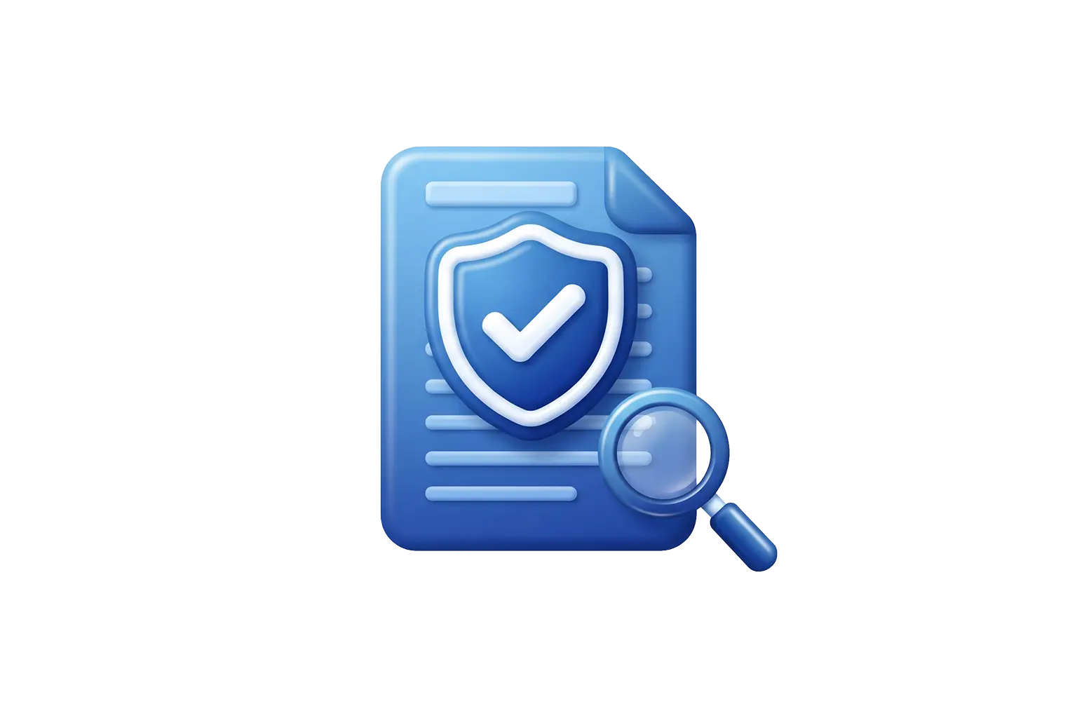 Blue 3D verification icon showing a shield with a checkmark and magnifying glass.