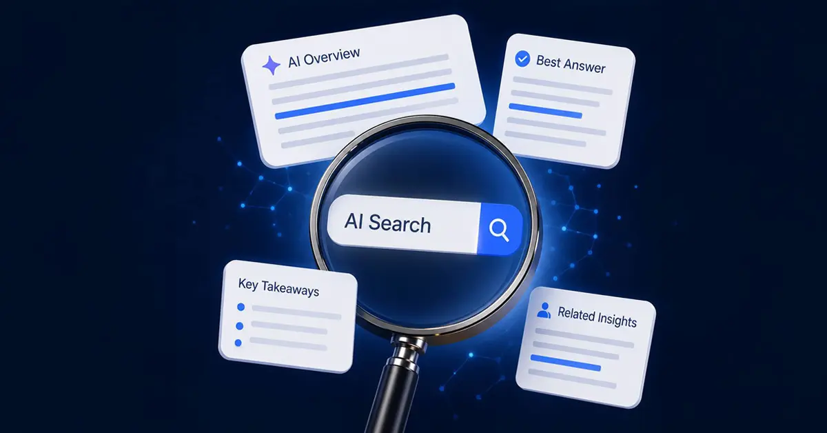 SEO in 2026 showing AI Search, AI Overviews, key takeaways, and best answers for improved search visibility.