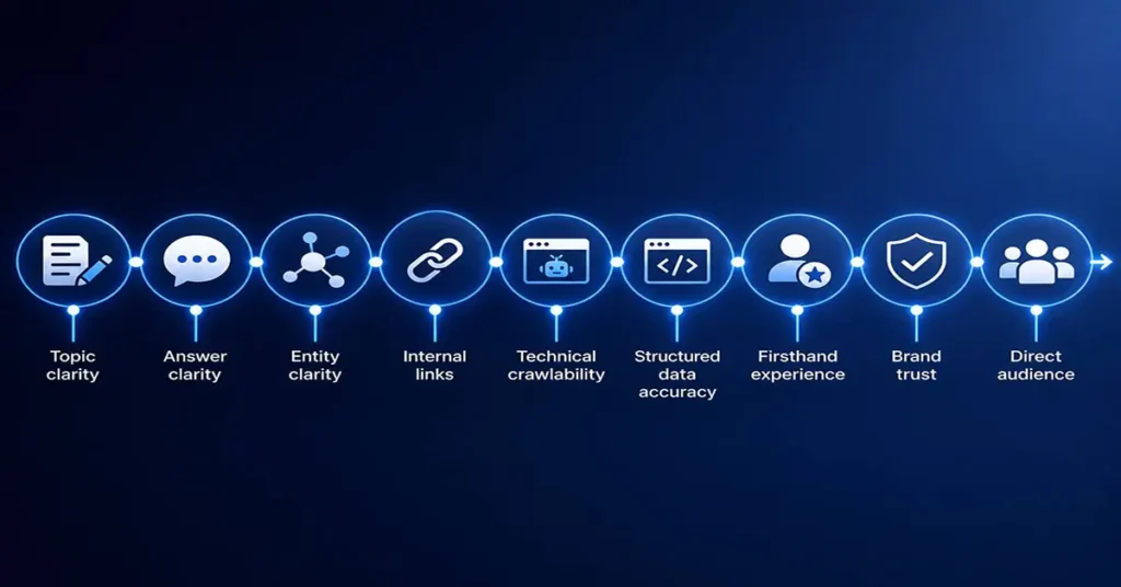  SEO in 2026 roadmap showing topic clarity, entity clarity, technical SEO, brand trust, and audience growth.