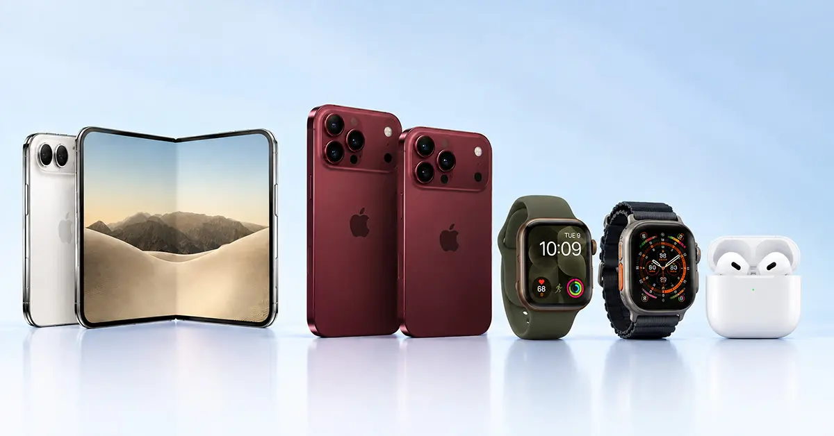 Apple Event 2026 featuring iPhone, foldable iPhone, Apple Watch, and AirPods on display.