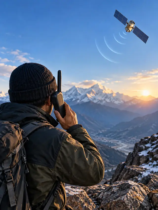 BSNL Satellite Phone user making a call through a satellite in a remote mountain region.