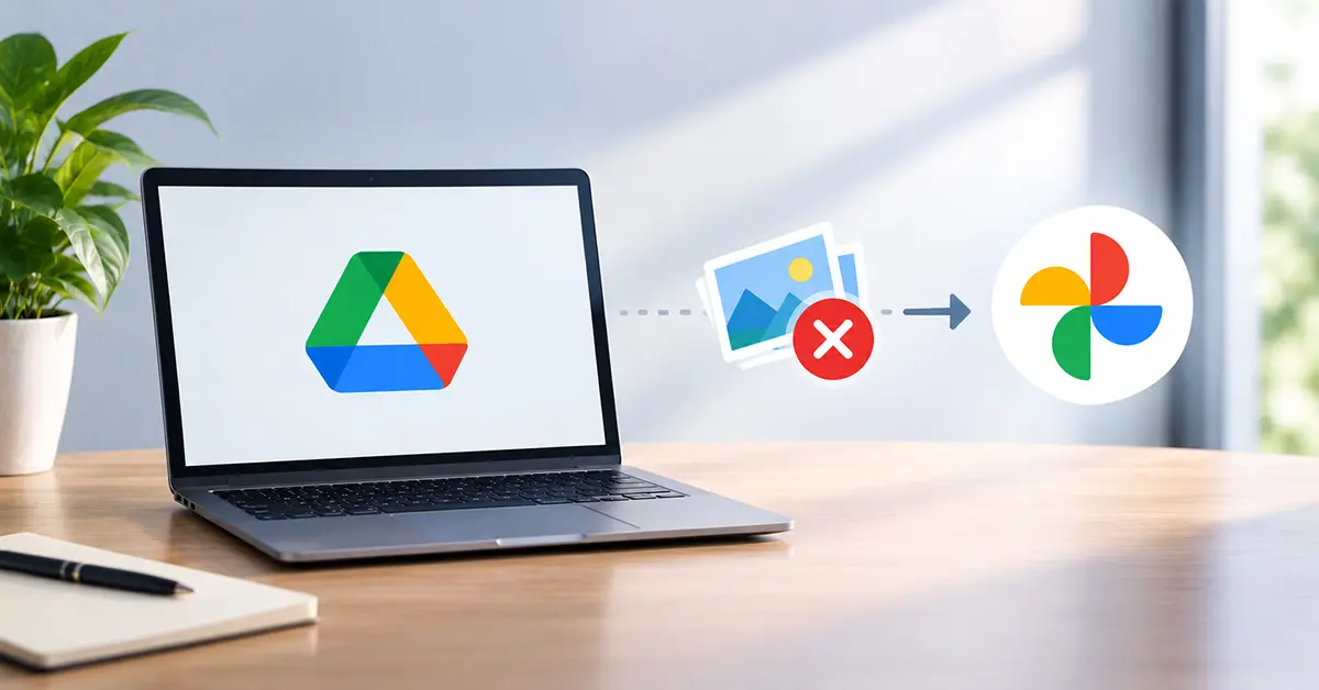 Google Drive for Desktop ends photos backup support, showing a laptop, Google Drive icon, blocked photo transfer, and Google Photos.