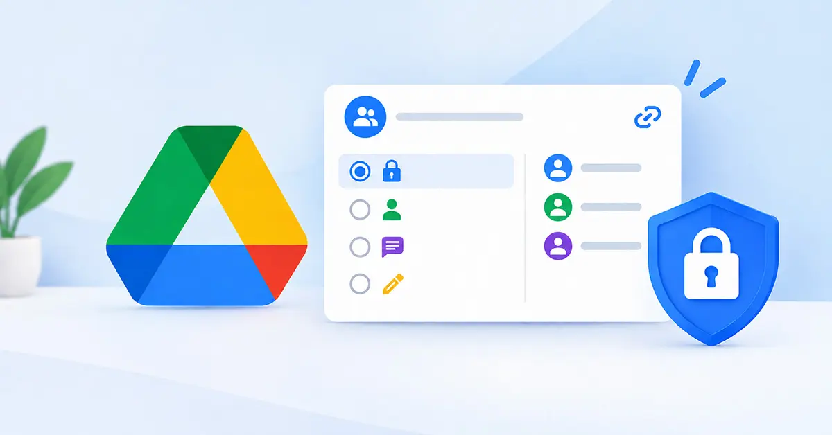 Google Drive sharing settings with a security shield and permissions panel.