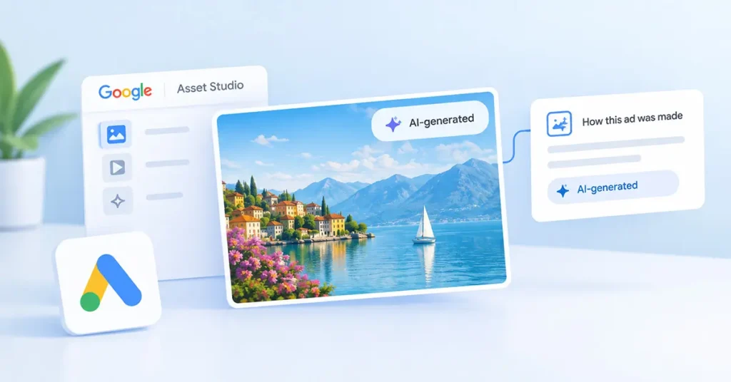 Google introduces AI Labels in Asset Studio with an AI-generated ad image, Asset Studio panel, and transparency card.