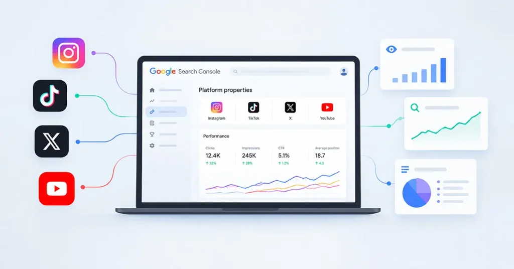 Google Search Console Platform Properties showing analytics for Instagram, TikTok, X, and YouTube.
