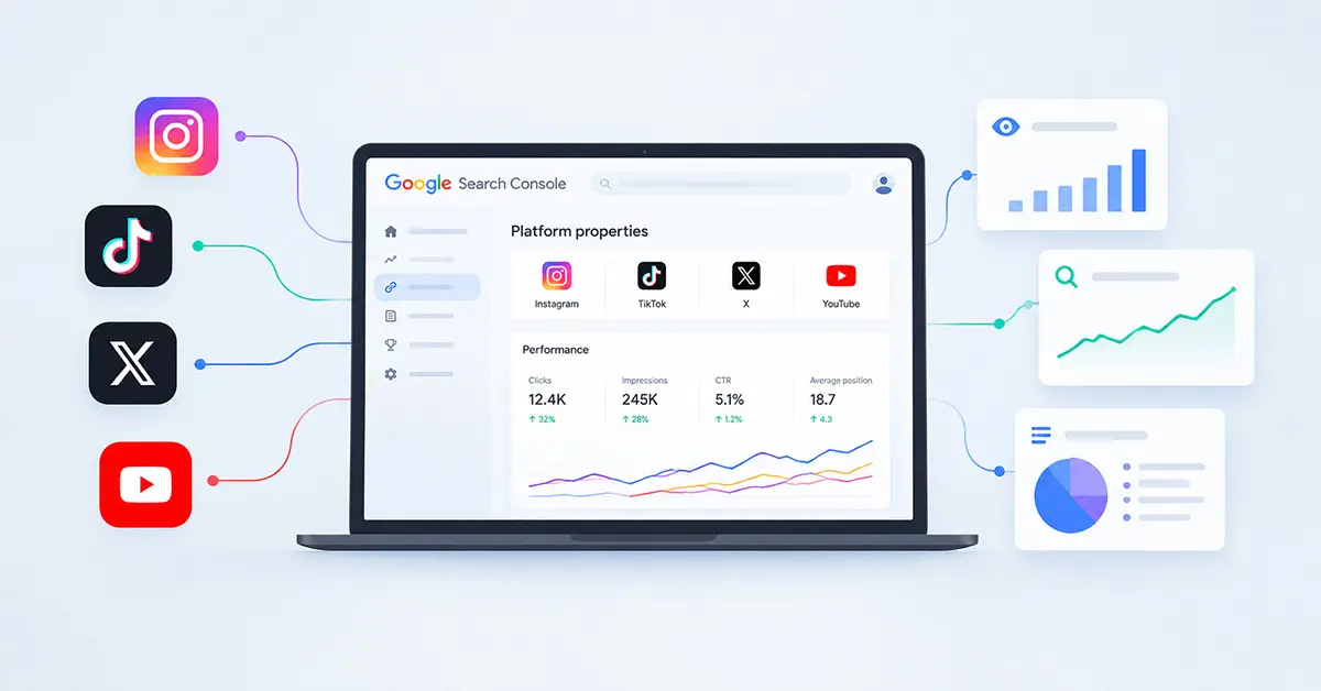Google Search Console Platform Properties showing analytics for Instagram, TikTok, X, and YouTube.