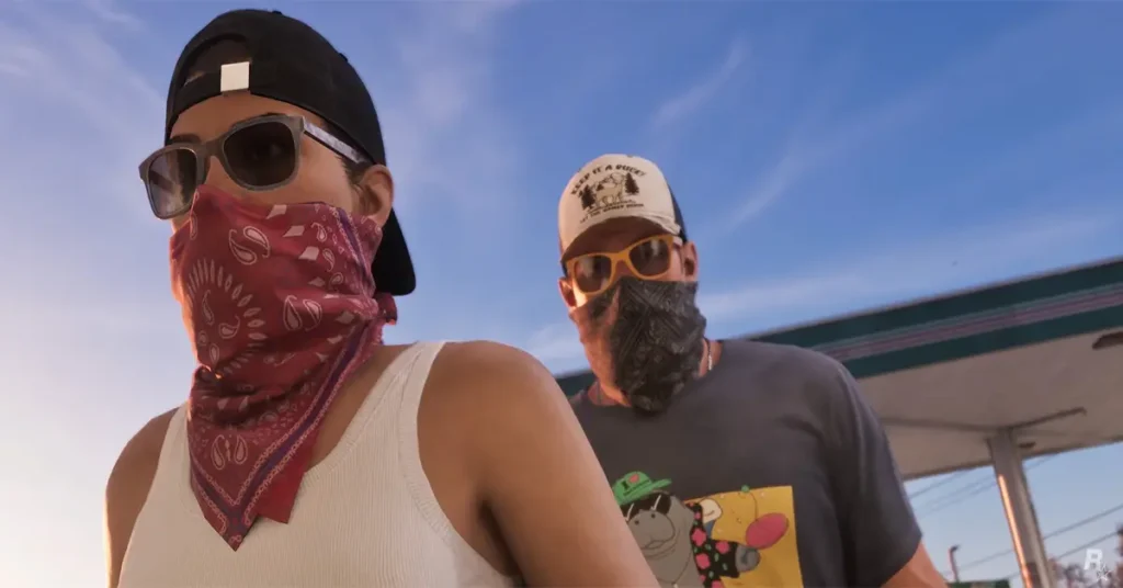  Jason and Lucia wearing face scarves during a robbery in Grand Theft Auto VI Gameplay.