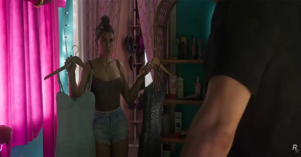 Lucia shows Jason two dresses to choose from in Grand Theft Auto VI Gameplay
