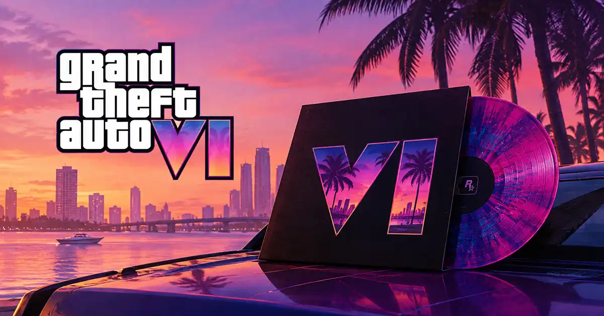 GTA VI: The Album vinyl record displayed against a Vice City-inspired sunset skyline.