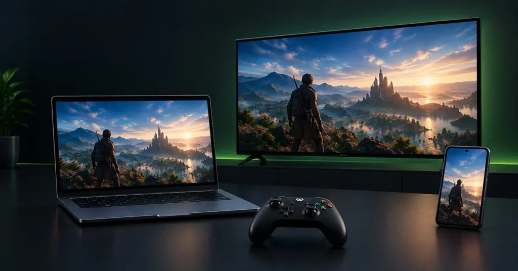 NVIDIA GeForce NOW cloud gaming setup with a laptop, TV, smartphone, and controller.