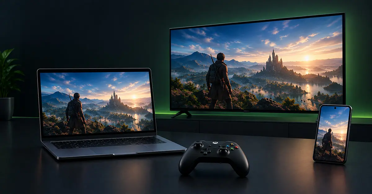 NVIDIA GeForce NOW cloud gaming setup with a laptop, TV, smartphone, and controller.
