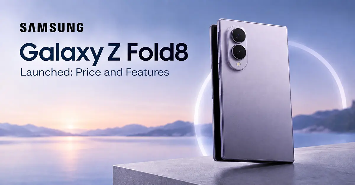 Samsung Galaxy Z Fold8 Launched, shown upright in lavender with dual cameras against a soft blue and pink landscape background.