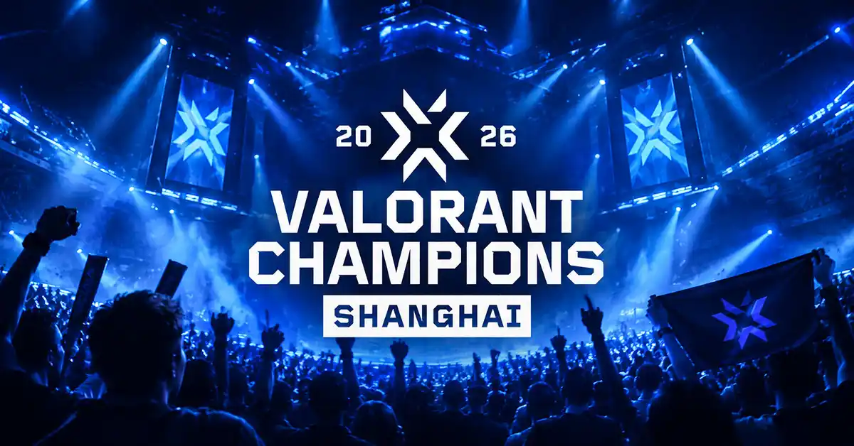 VALORANT Champions 2026 Shanghai arena with cheering fans and illuminated tournament stage.