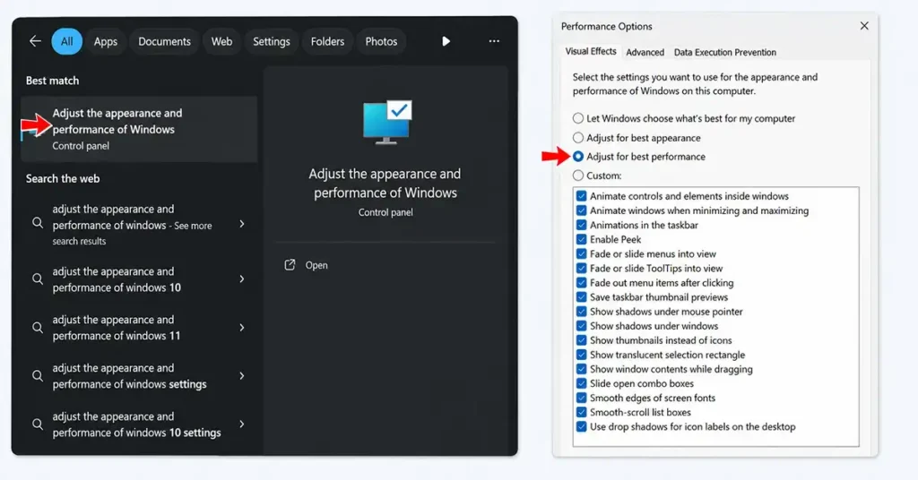 Windows 11 Visual Effects settings with Adjust for best performance selected.