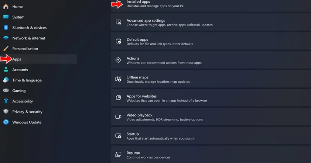 Windows Apps settings showing Installed apps and Startup options in Windows 11
