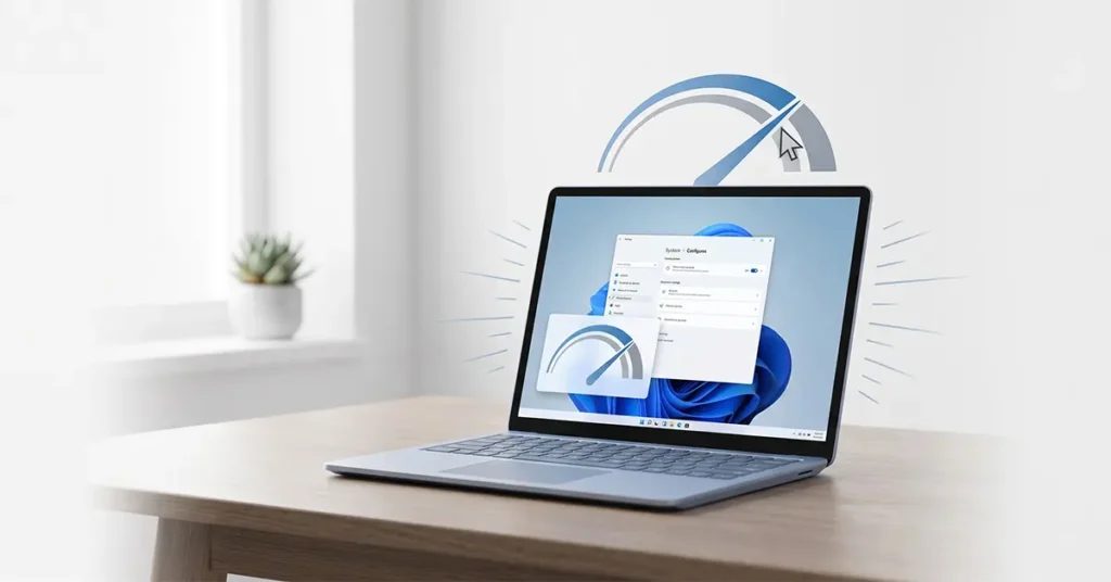 Windows Performance Settings to Speed Up a Slow PC, with a laptop and performance gauge.