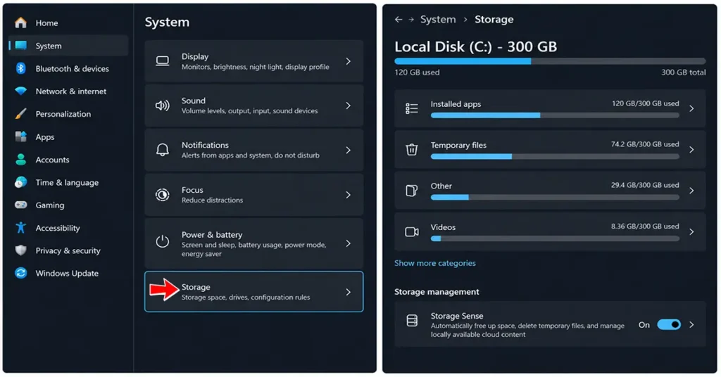 Windows 11 Storage settings showing disk space, temporary files, installed apps, and Storage Sense.