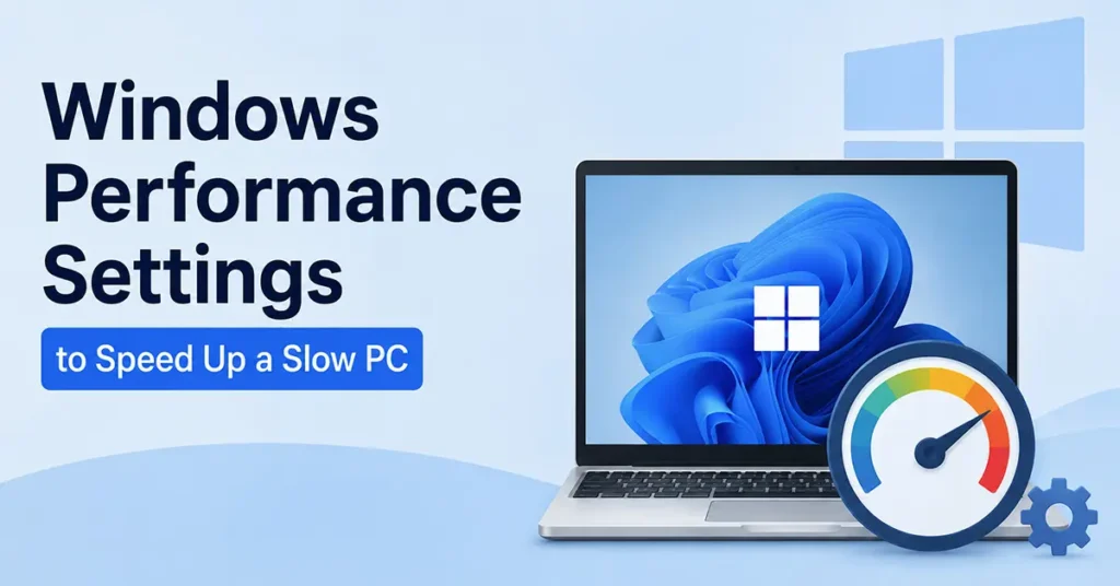 Windows Performance Settings to Speed Up a Slow PC with a Windows 11 laptop and performance gauge.