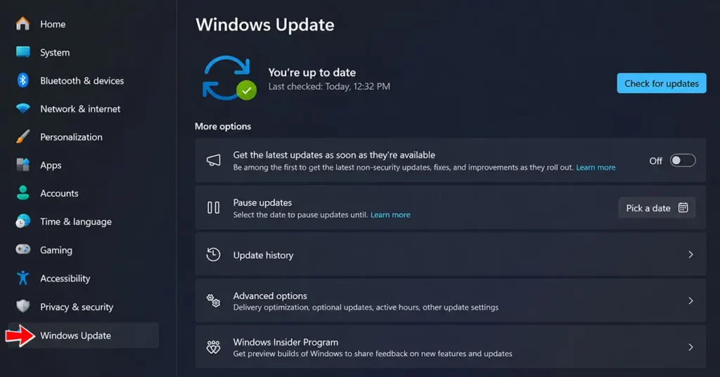 Windows 11 Windows Update settings showing available update options and update history.
