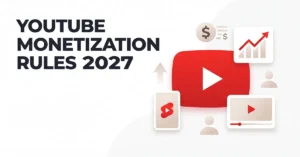 YouTube’s New Monetization Rules infographic with graph and video icons.