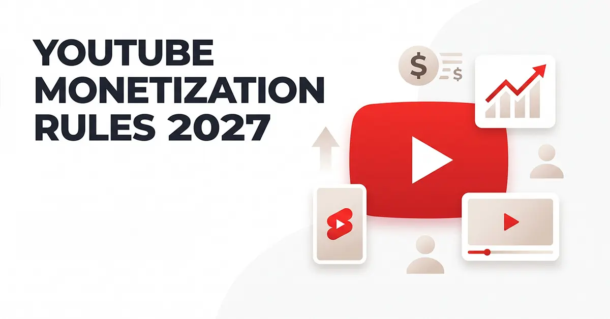 YouTube’s New Monetization Rules infographic with graph and video icons.
