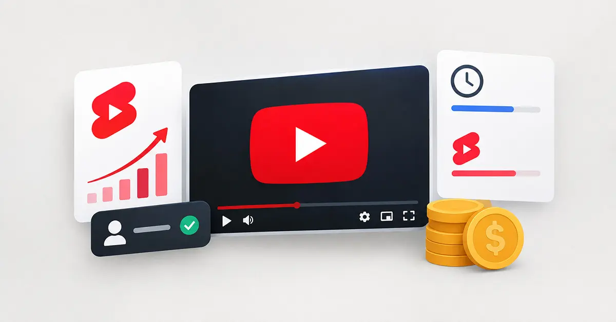 YouTube’s new monetization rules, shown with icons for video, growth, watch time, Shorts, and earnings.