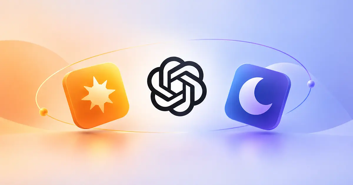 GPT-6 Sol and Luna represented by sun and moon icons beside the OpenAI logo inside an orbit.