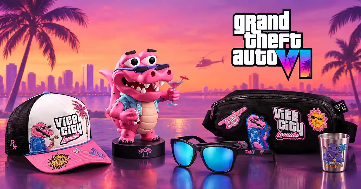 GTA VI The Goodtime State Collection featuring a cap, alligator figure, sunglasses, bag, and glass.