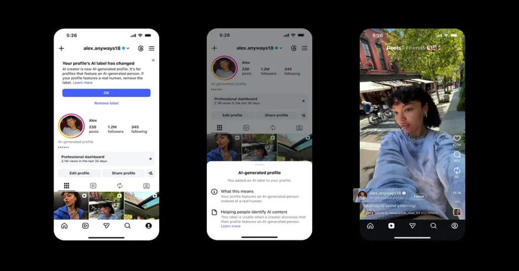 AI-generated profile labels on Instagram shown on profile and Reels on a phone screen.
