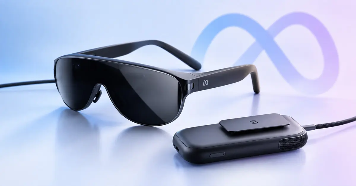 Meta VR Glasses with a compute puck placed on a flat surface.